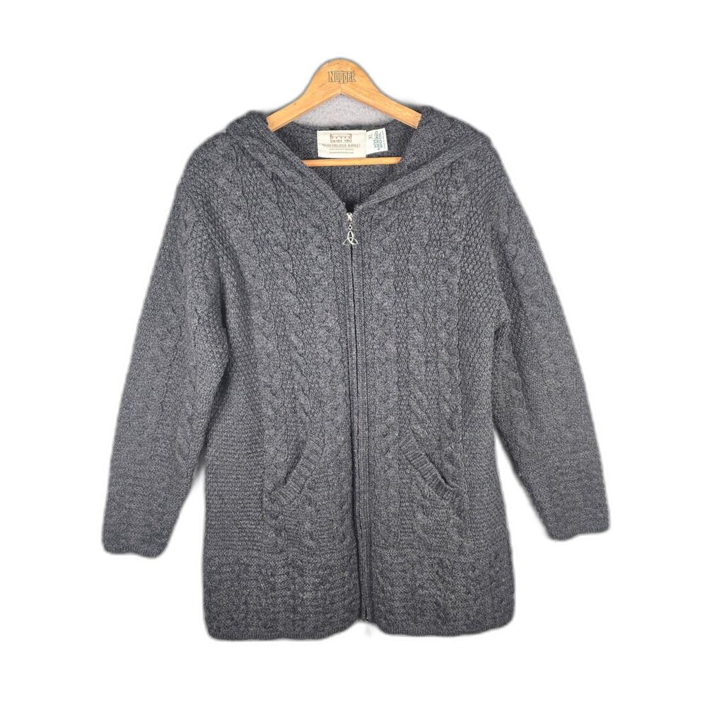 Aran Sweater Market XL Gray Merino Wool Cable Knit Hooded Zip Cardigan Ireland